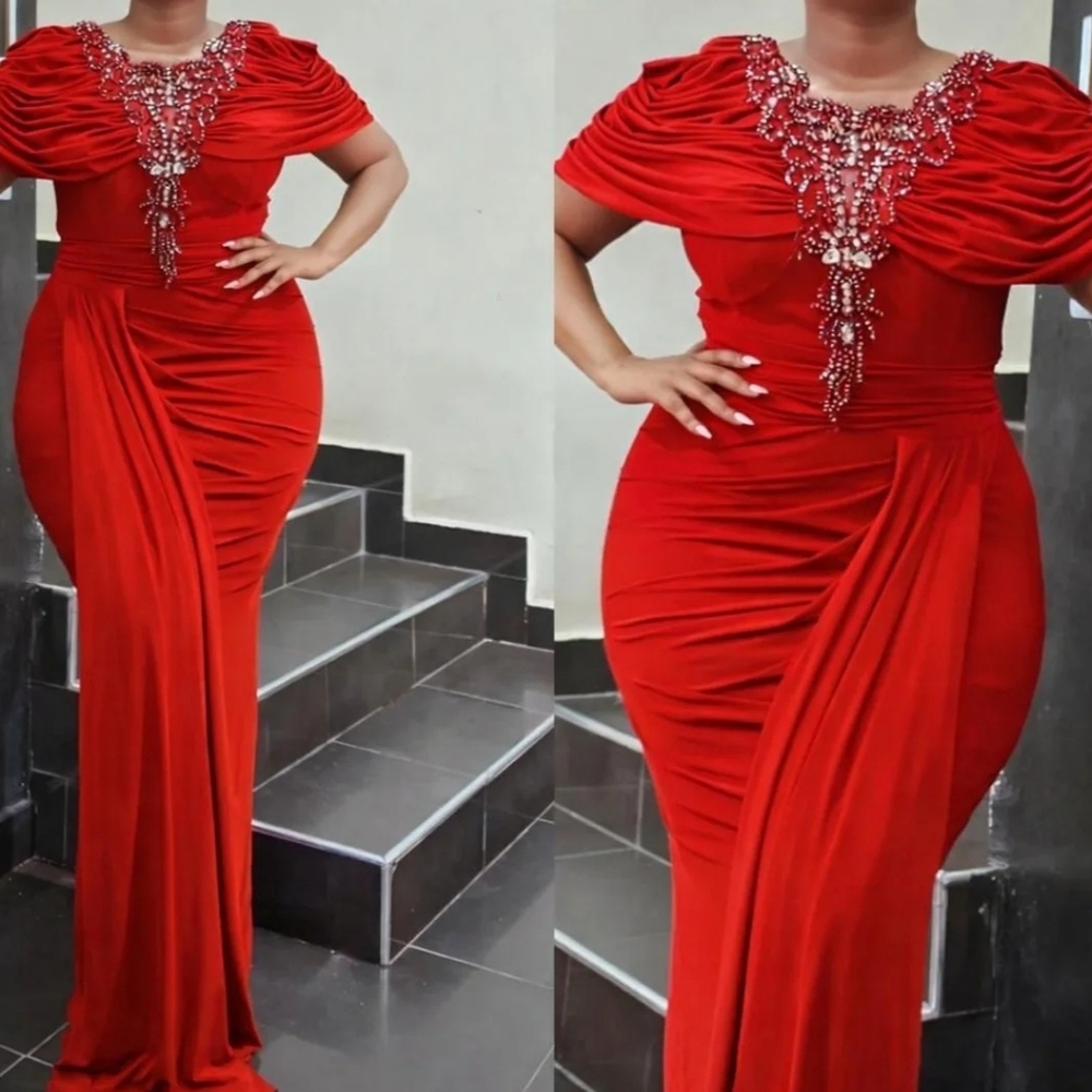 Scarlet Red Evening Gown with Beaded Detail